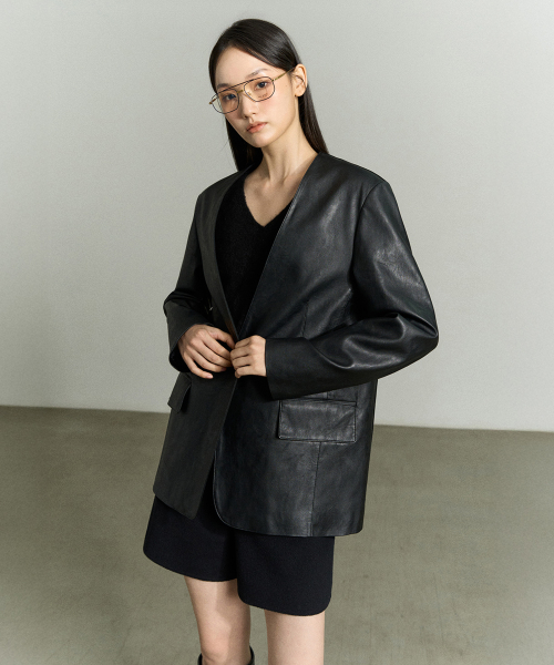 SHOULDER PADDED FAUX LEATHER JACKET