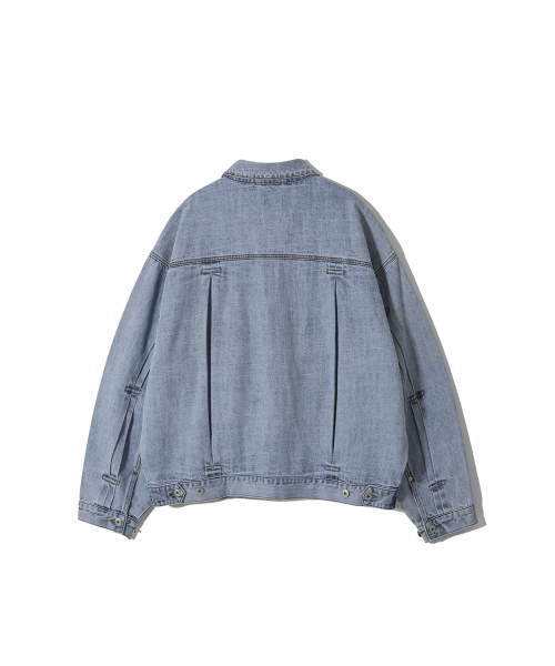 Pleated Wide Denim Jacket - Washed Blue