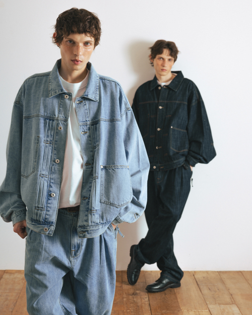 Pleated Wide Denim Jacket - Washed Blue