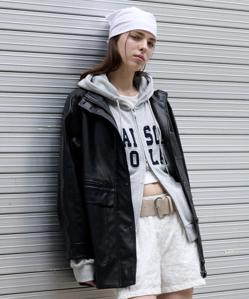HIGH NECK LEATHER JACKET BLACK