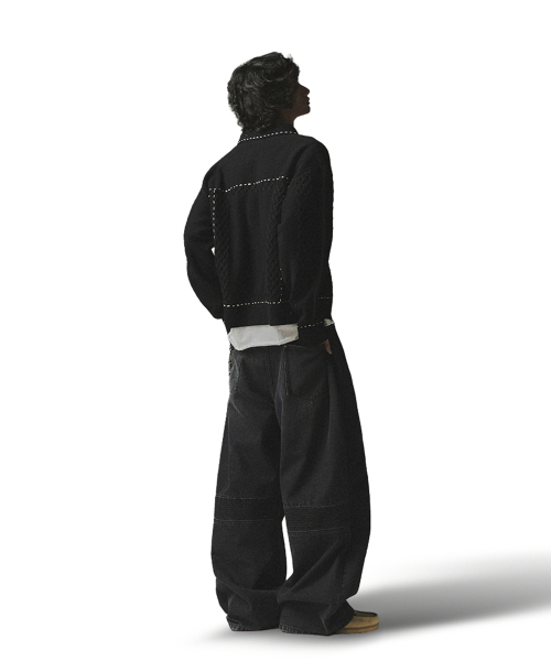 Contrast Stitch Knit Trucker Jacket - Black