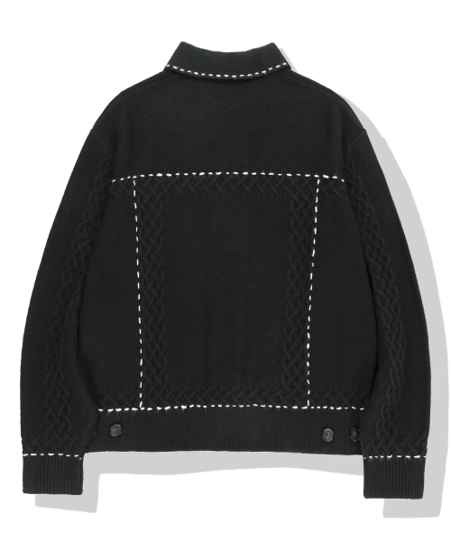 Contrast Stitch Knit Trucker Jacket - Black