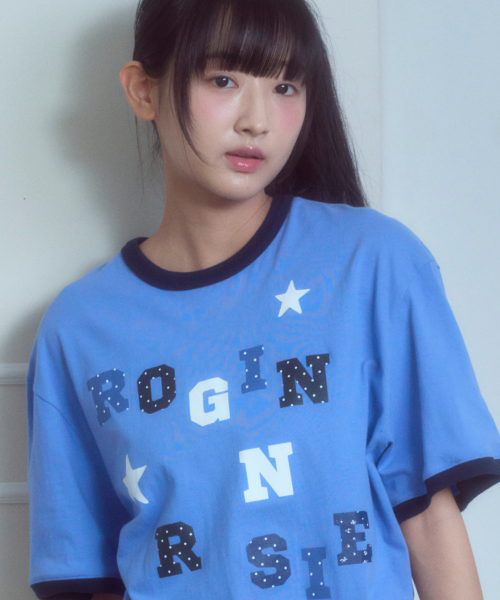 Logo Spell Point Starry Ringer T-shirt Blue