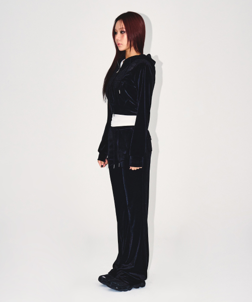 W DOUBLE B VELVET CROP HOODIE ZIP-UP [BLACK]
