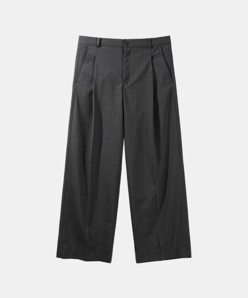 Striped One-Tuck Wide Slacks – Charcoal Gray