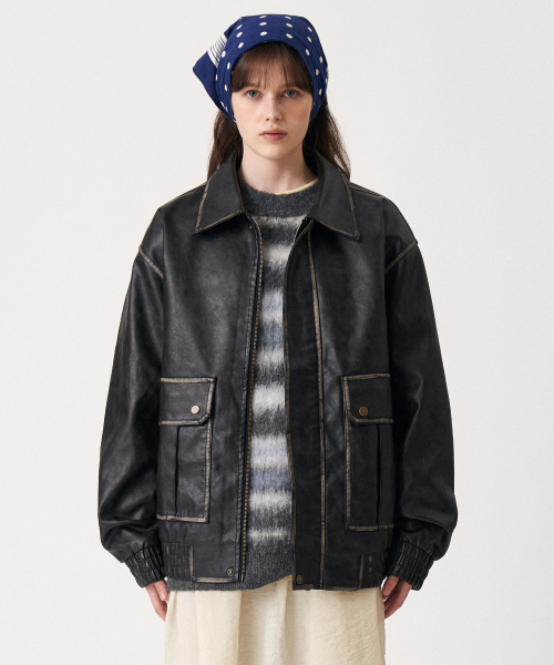 Washed кожа bomber куртка черный