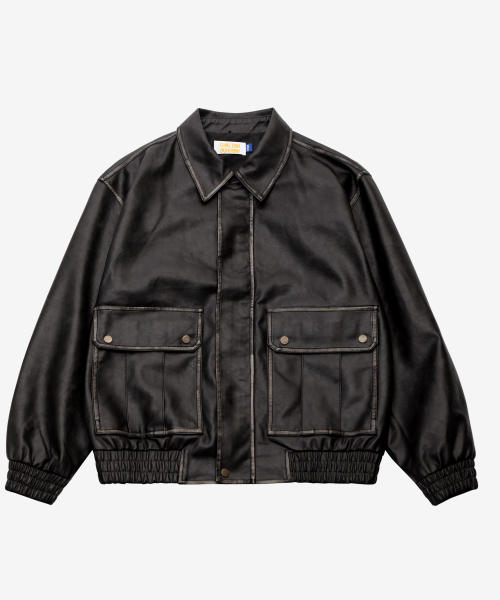 Washed кожа bomber куртка черный