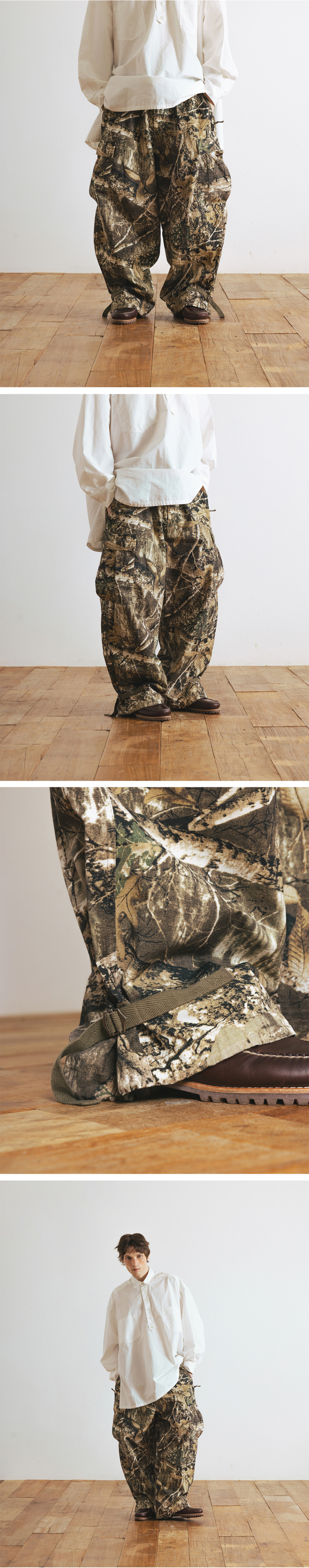 앵글런(ANGLAN) Tab Strap Cargo Wide Pants - Leaf Camo - 사이즈