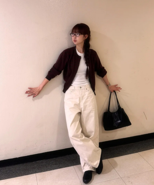 MUFFLER SET STRIPE CARDIGAN BROWN WINE