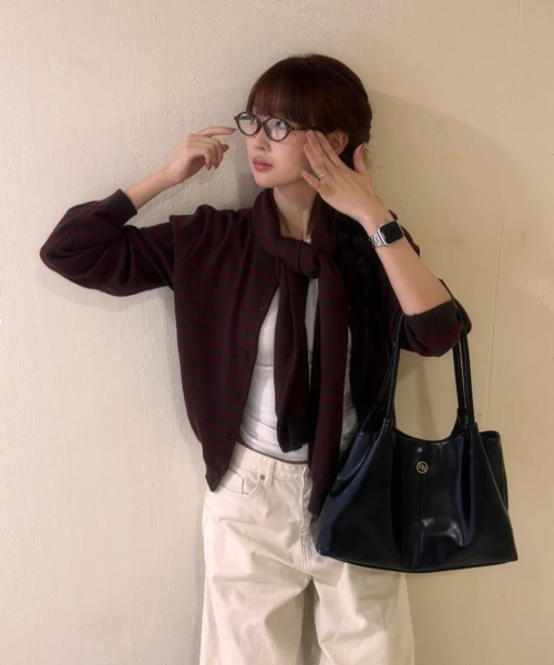 MUFFLER SET STRIPE CARDIGAN BROWN WINE