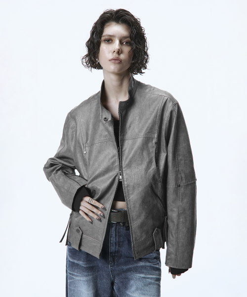 Over-Fit Leather Biker Jacket [ Gray ]