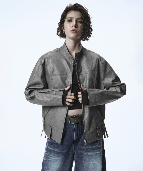 Over-Fit Leather Biker Jacket [ Gray ]