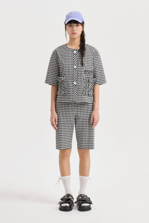 Gingham Check Round Neck Half Sleeve Jacket (black) LFJAM25510BKX