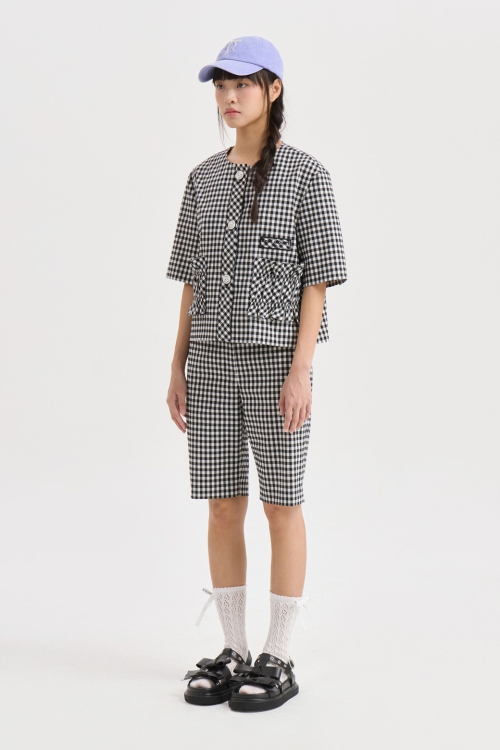 Gingham Check Round Neck Half Sleeve Jacket (black) LFJAM25510BKX