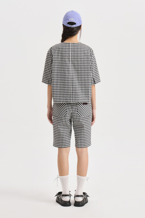 Gingham Check Round Neck Half Sleeve Jacket (black) LFJAM25510BKX