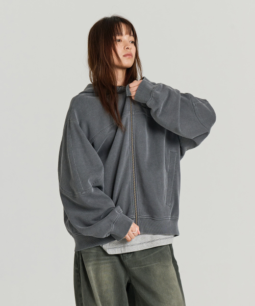 BLEACHED HOODIE ZIP UP (CHARCOAL)