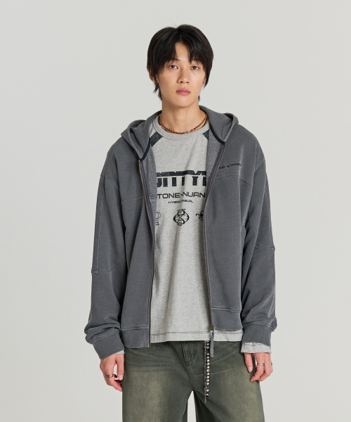 BLEACHED HOODIE ZIP UP (CHARCOAL)