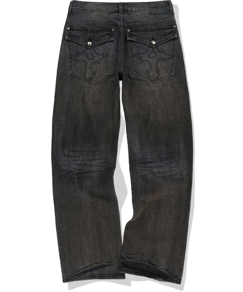 Symbol Stitch Low Rise Flare Fit Denim Pants - Black