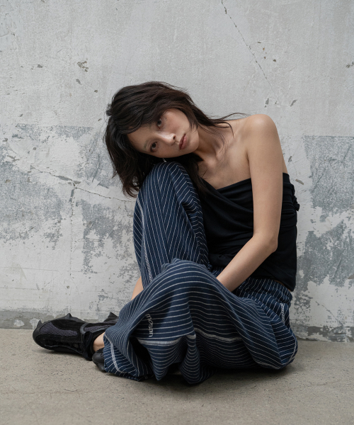 LOGO PINSTRIPE WIDE SWEAT PANTS (NAVY)