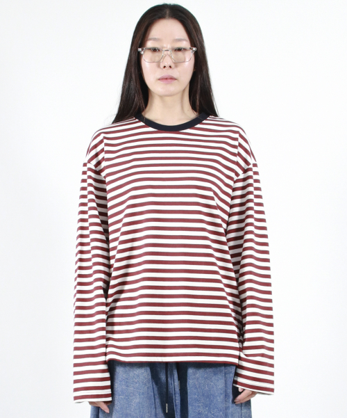 STRIPE LOOSE-FIT LONG SLEEVE TEE - burgundy