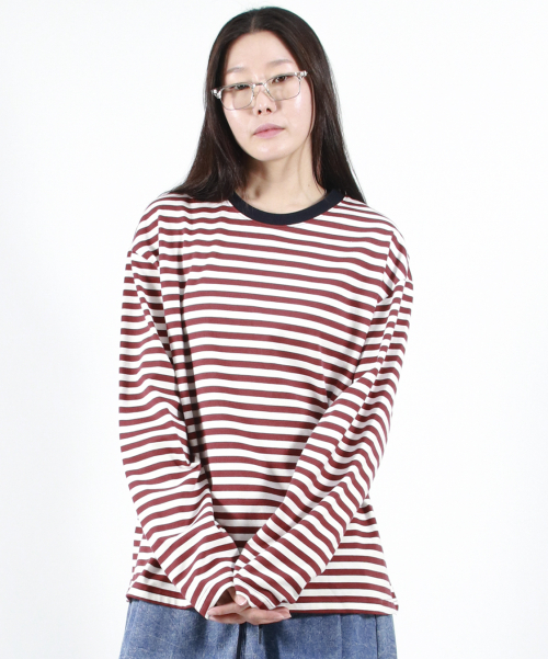 STRIPE LOOSE-FIT LONG SLEEVE TEE - burgundy