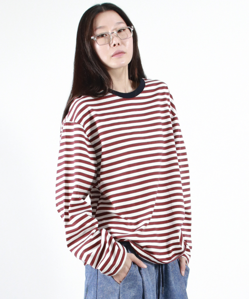 STRIPE LOOSE-FIT LONG SLEEVE TEE - burgundy