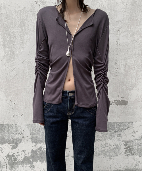 HOOK SLEEVE RUCHED CARDIGAN (CHARCOAL)