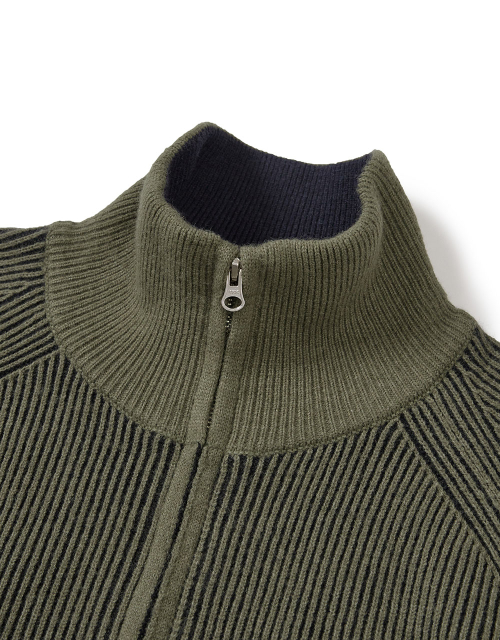 [Mmlg] TWO TONE HIGH NECK KNIT ZIPUP (OLIVE)