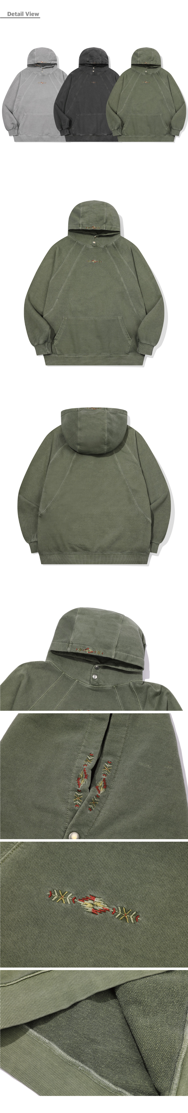 EMBROIDERY SNAP PIGMENT HOODIE - 2 COLORS KHAKI