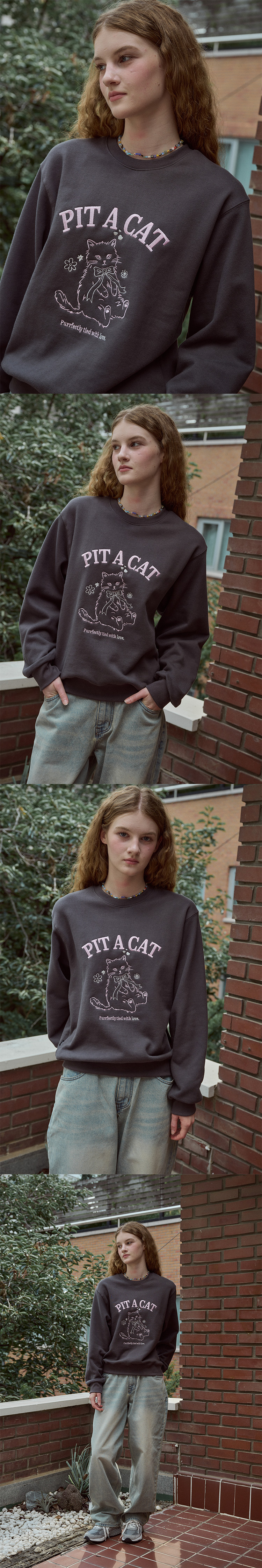 CAT EMBROIDERY SWEATSHIRT - 2 COLORS AS SHOWN