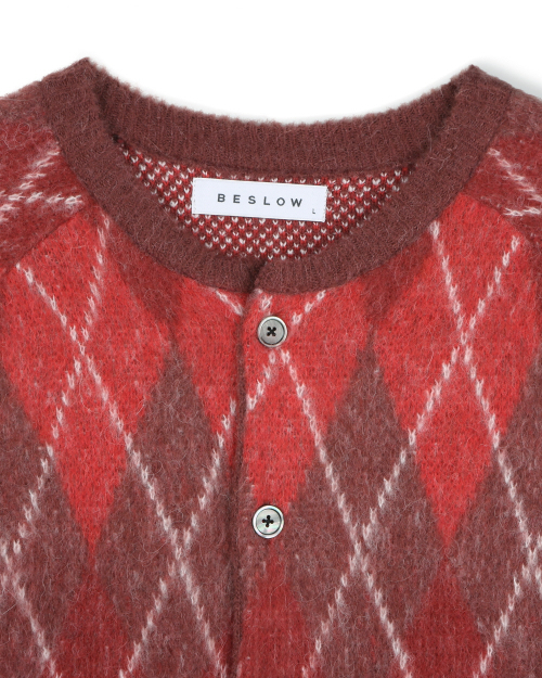 ARGYLE CREW NECK SHORT CARDIGAN RED