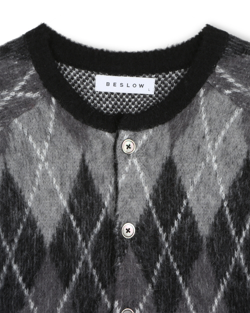 ARGYLE CREW NECK SHORT CARDIGAN BLACK