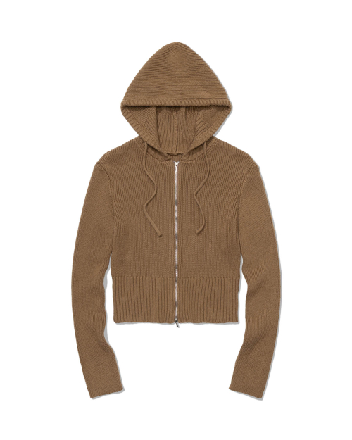Ribbed Knit Zip Hoodie (BROWN)