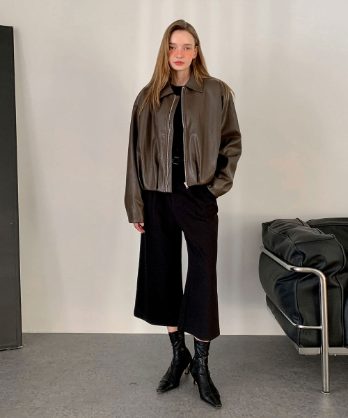 Faux Leather Shirring Zip-up Jacket (2colors)