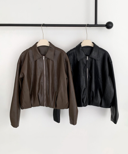 Faux Leather Shirring Zip-up Jacket (2colors)
