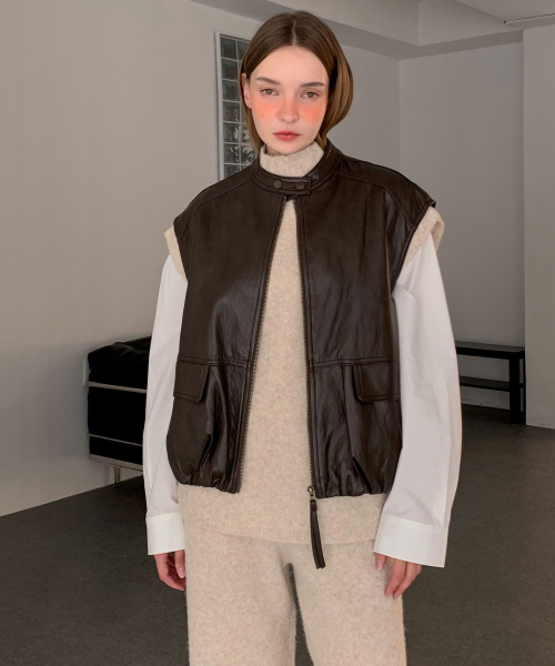 Faux Leather Shirring Zip-Up Vest (3colors)
