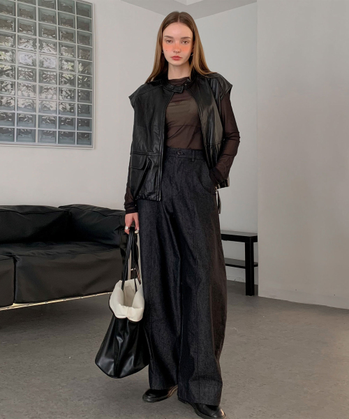 Faux Leather Shirring Zip-Up Vest (3colors)