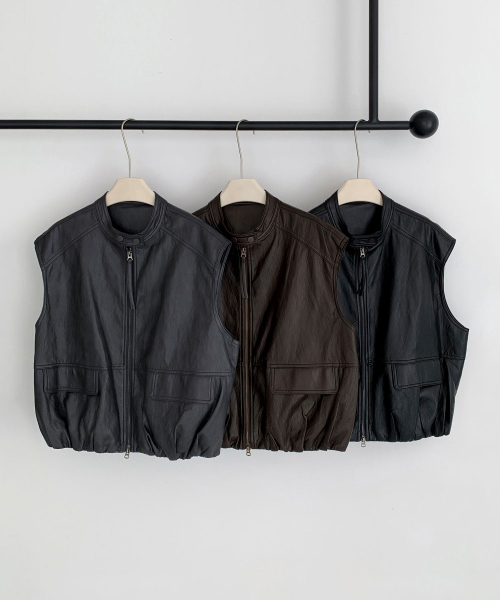Faux Leather Shirring Zip-Up Vest (3colors)