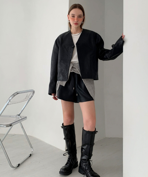 Collarless Faux Leather One Button Jacket (2colors)
