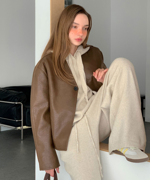 Collarless Faux Leather One Button Jacket (2colors)