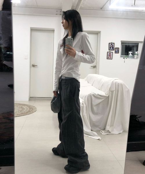 хлопок широкий Stud штаны Stripe Charcoal