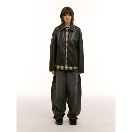 (UNISEX) Винтажная куртка тракер из экокожи Black