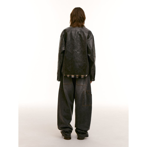 (UNISEX) Винтажная куртка тракер из экокожи Black