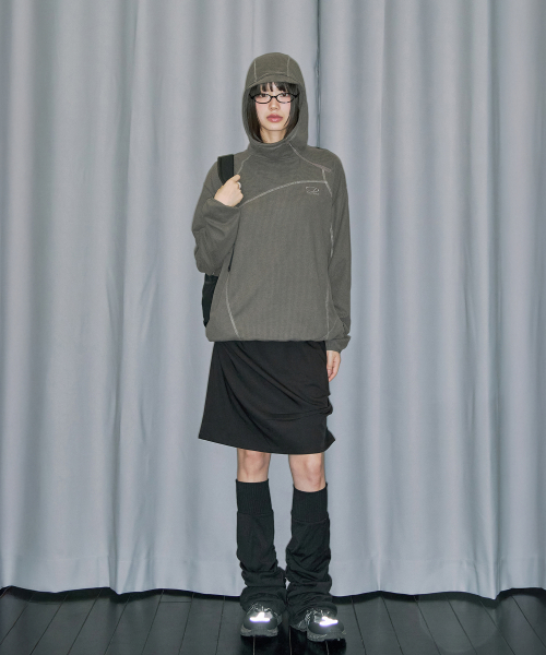 Waffle Cover Stitch Hoodie T-shirt - BROWN thumbnail 5