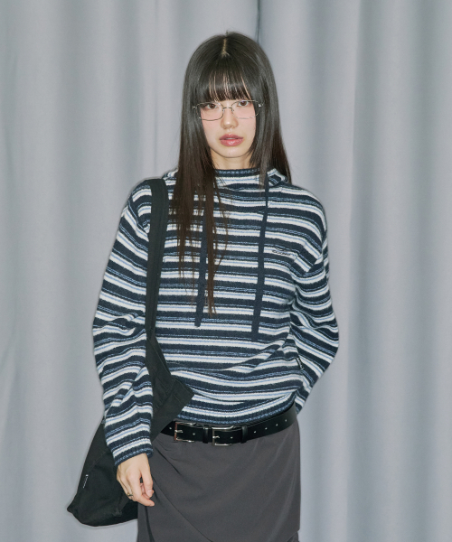 Вязаное худи с водолазкой Stripe Balloon Fit — Navy