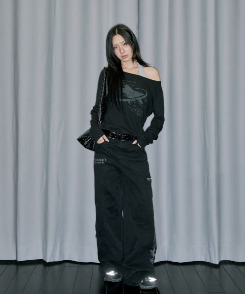 Лонгслив Star Symbol Loose Fit с вырезом лодочкой - BLACK
