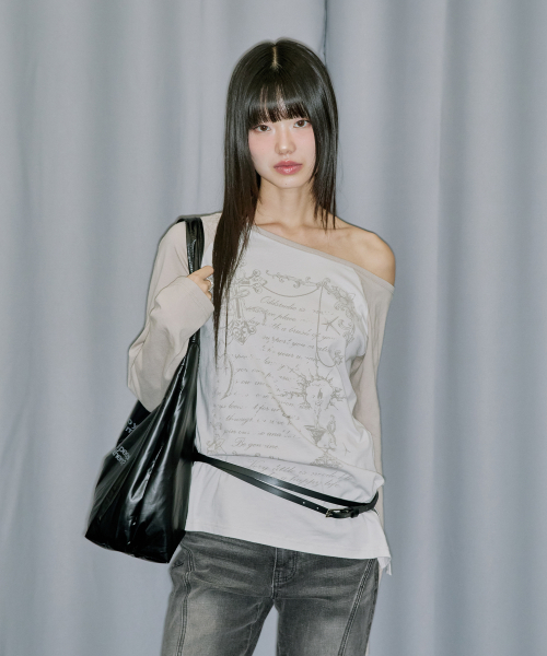 Cross Ornament Off Shoulder реглан длинный рукав - серый бежевый