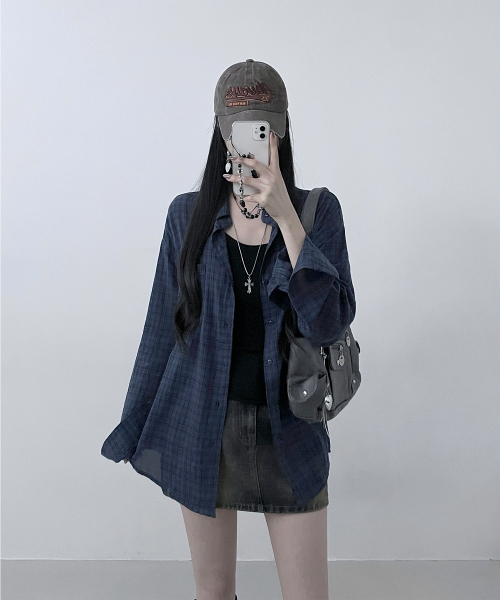винтаж Overfit Grunge Check рубашка темно-синий