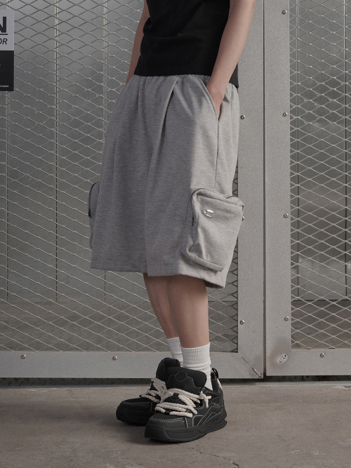 Solid Pocket Cargo Bermuda Pants - Grey