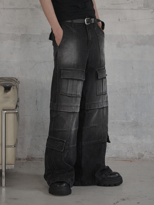 Multi Pocket Cargo Flare Denim Pants - Black